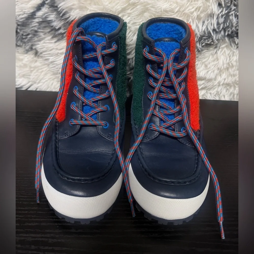 Tory Sport Leather Shearling  Boots in Navy/Red - Size 5M